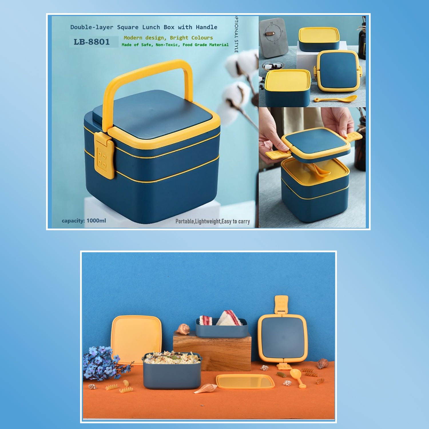 2868 Blue Double-layer Portable Lunch Box Stackable With Carrying Handle And Spoon Lunch Box 2868 Blue Double-layer Portable Lunch Box Stackable With Carrying Handle And Spoon Lunch Box
